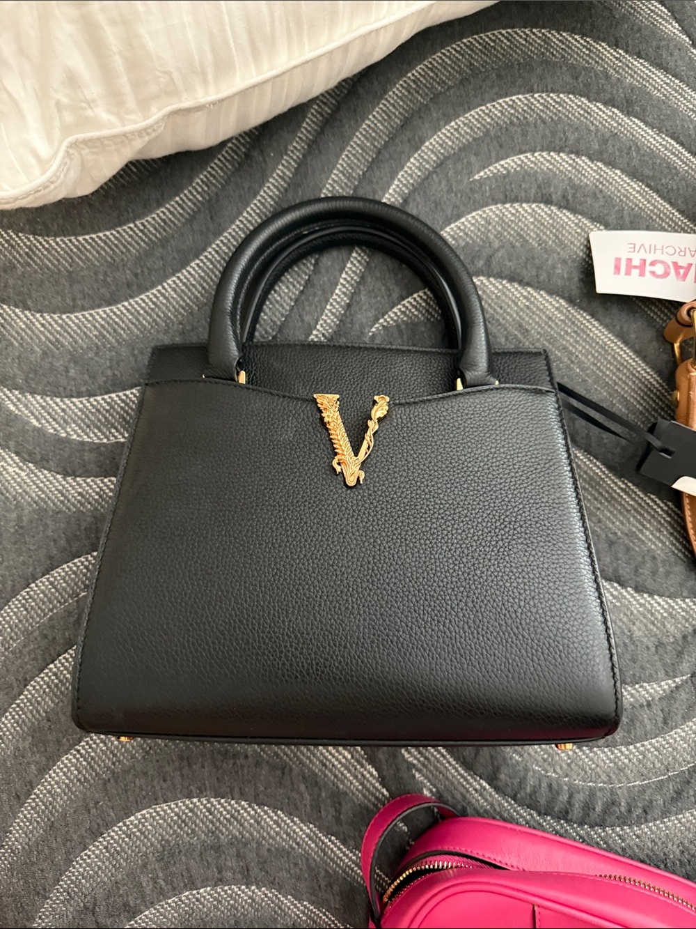 Versace Black Leather Satchel with Gold V Emblem